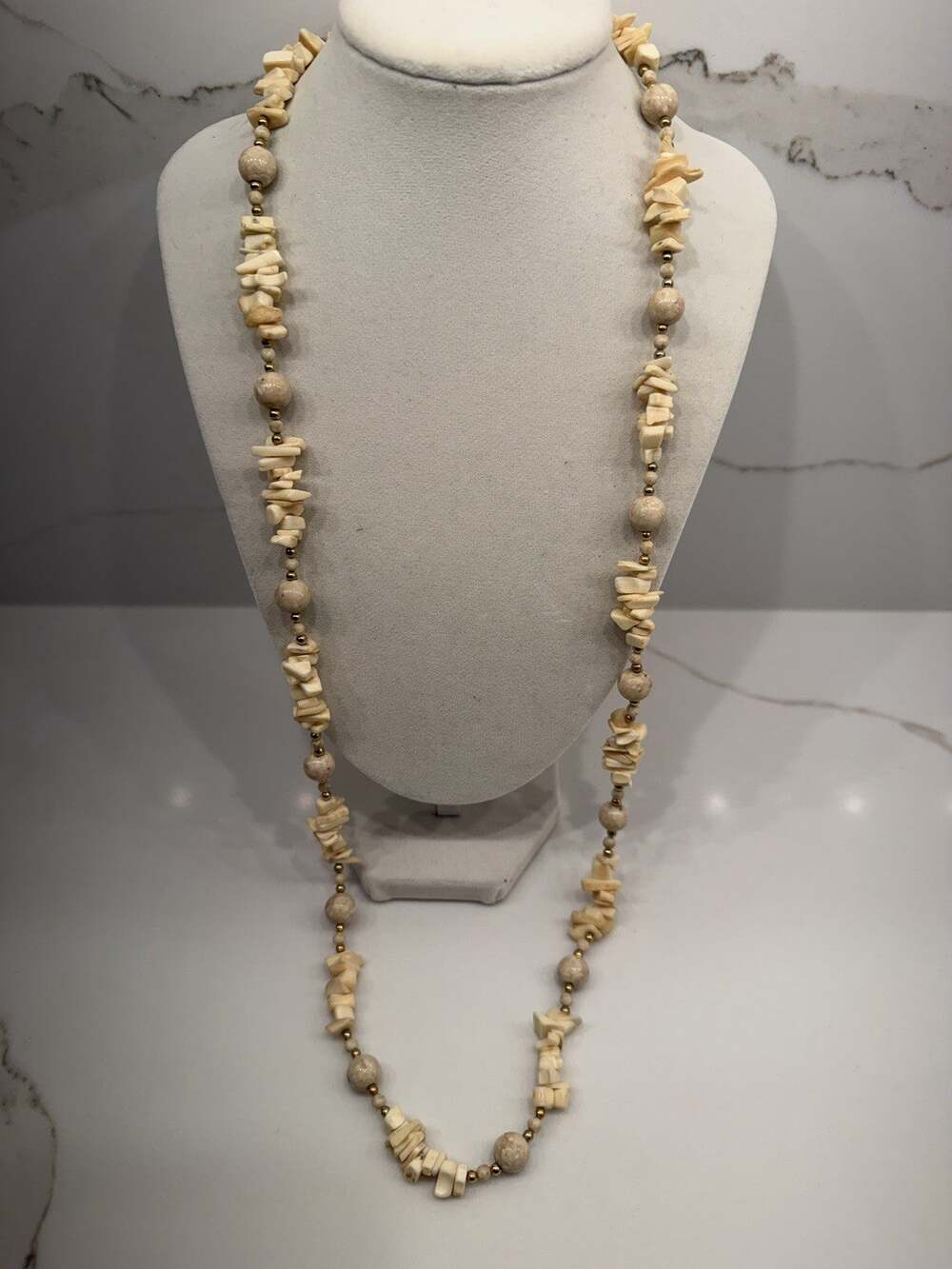 Long Cream Shell Chip Beaded Necklace Gold Tone Coastal Boho Beach Jewelry